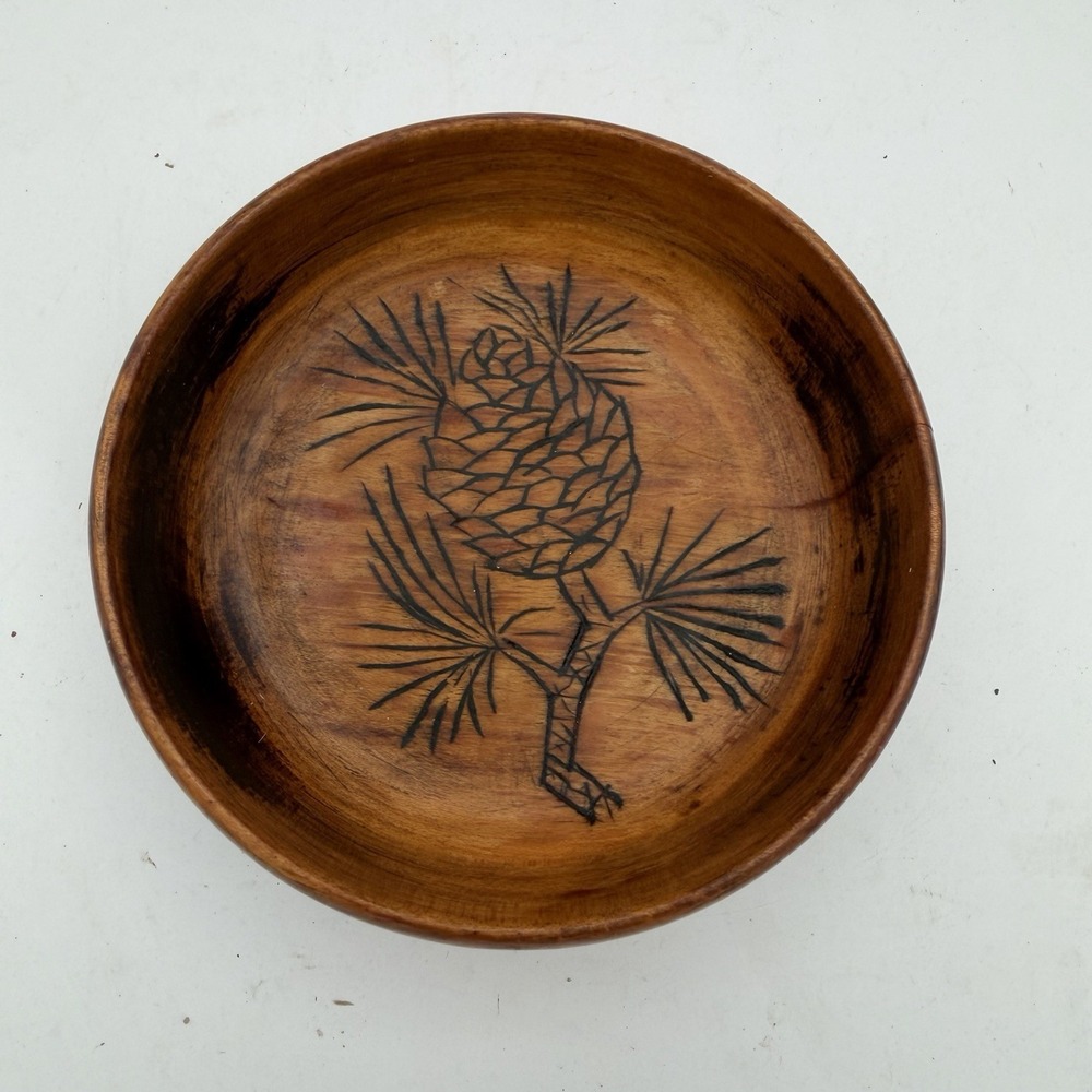 Wooden Trinket Bowl Pine Cone Burned Design 5.5"